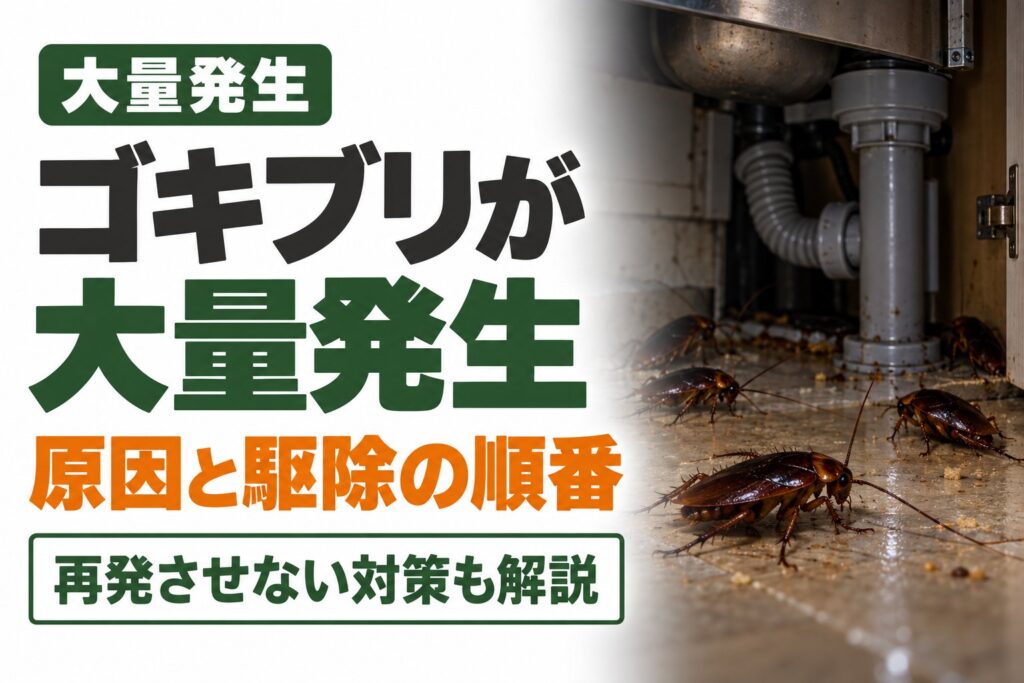 Japanese banner about a cockroach infestation; text includes '大量発生' and '原因と駆除の順番' with roaches under a sink plumbing on the right.