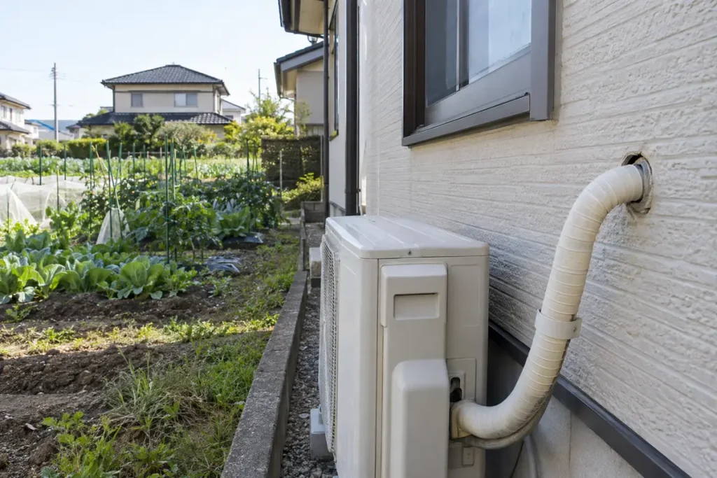 畑の隣の住宅でエアコン配管が壁に入るすき間