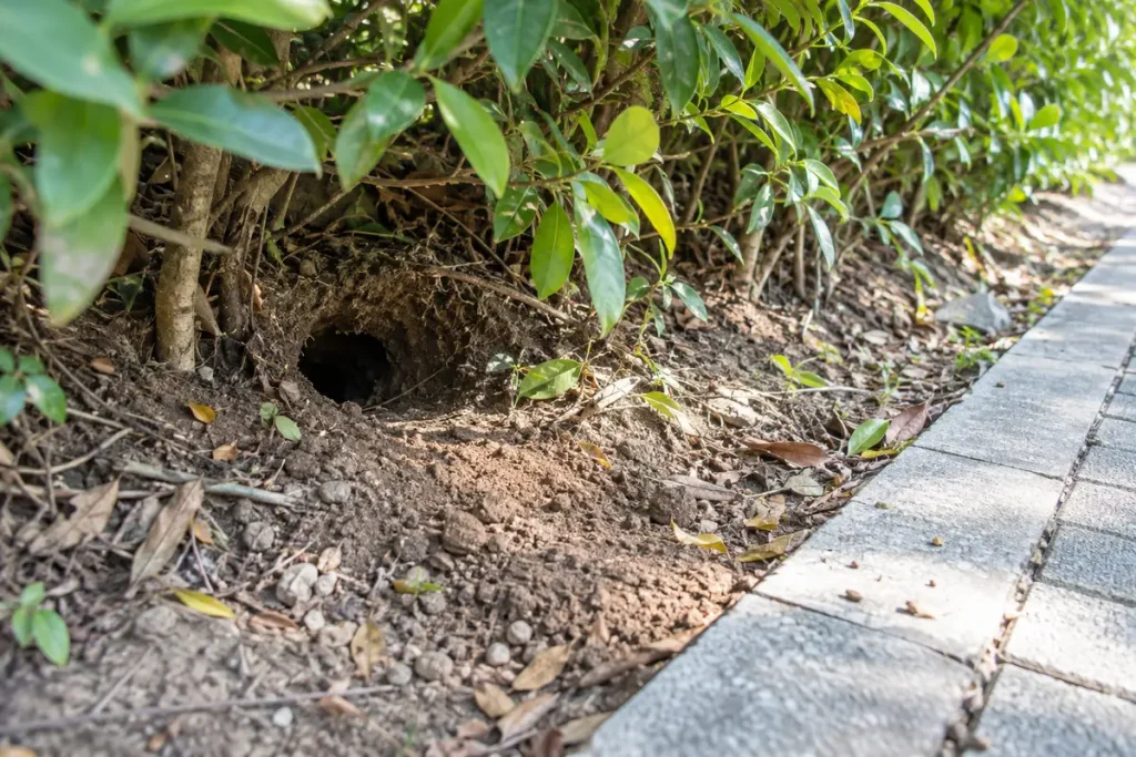 街路の植え込みの土にあいたネズミの巣穴