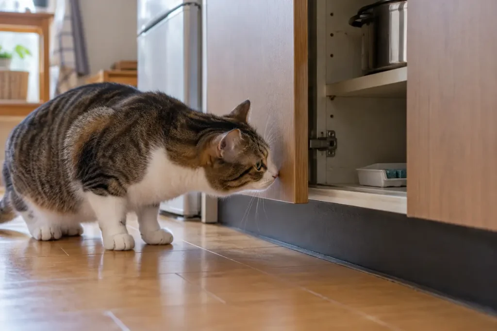 台所の棚の端のにおいをかぐ飼い猫