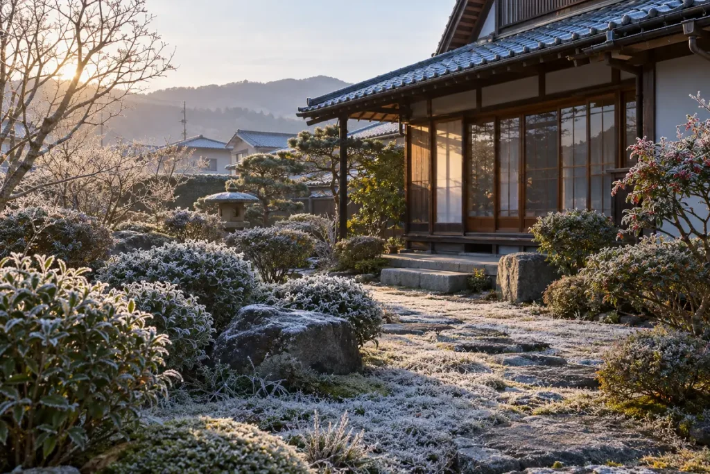 霜の降りた冬の朝の住宅の庭と外観