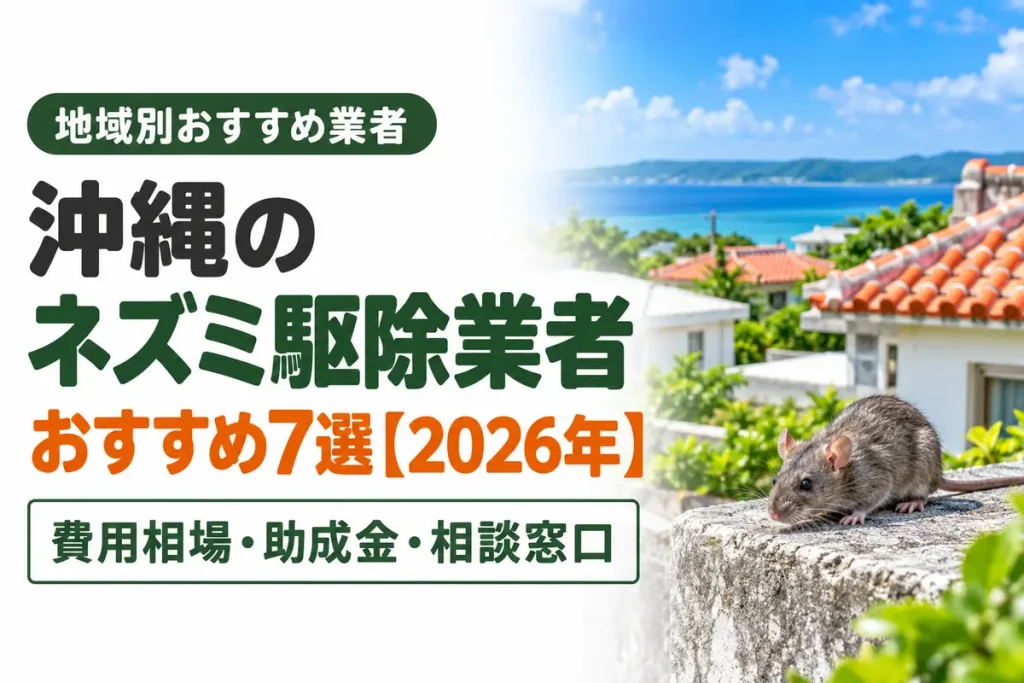 Okinawa rat removal guide: seven recommended providers for 2026 with costs and consultation info, shown beside a seaside scene and a rat on a wall