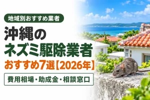 Okinawa rat removal guide: seven recommended providers for 2026 with costs and consultation info, shown beside a seaside scene and a rat on a wall