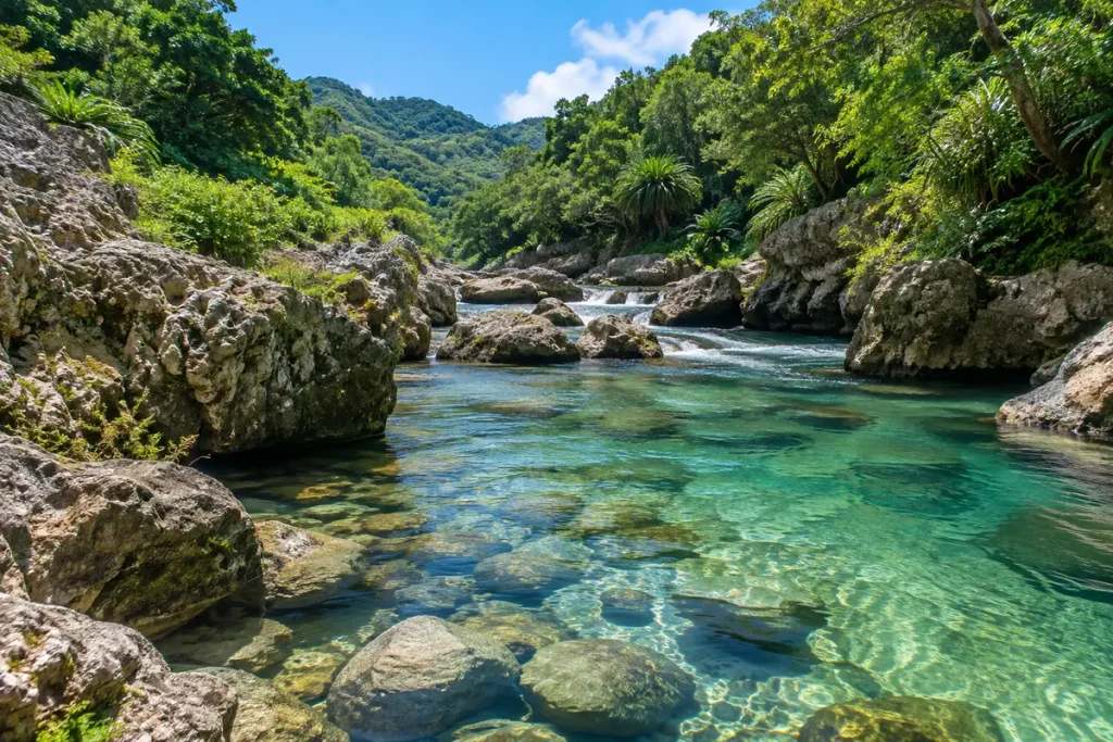 沖縄の山あいを流れる澄んだ川と岩