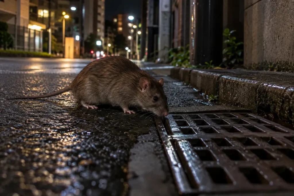 夜の街の側溝と下水の格子のそばにいるドブネズミ