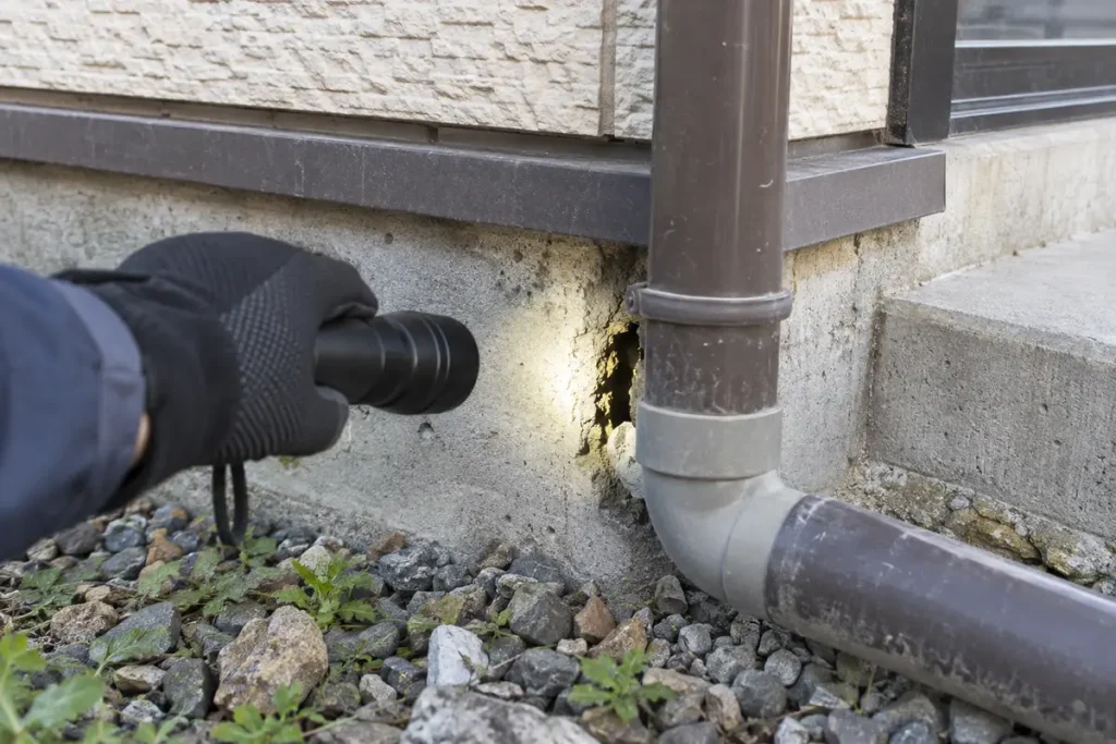 住宅の基礎の配管まわりのすき間を懐中電灯で確認する様子