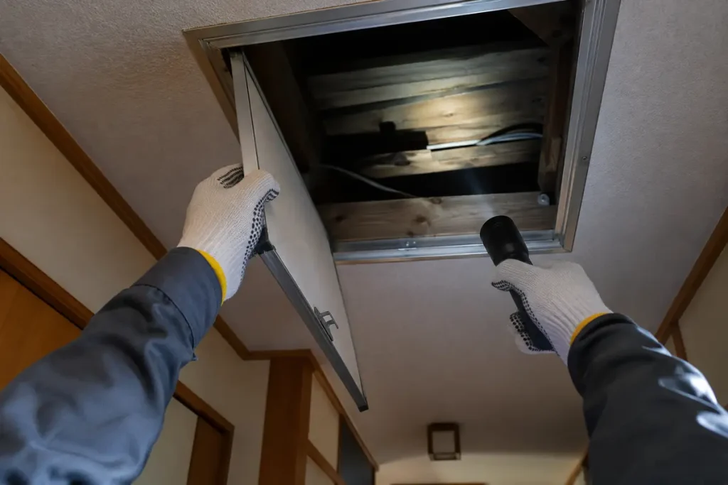 作業員が懐中電灯を持って天井の点検口を開ける様子