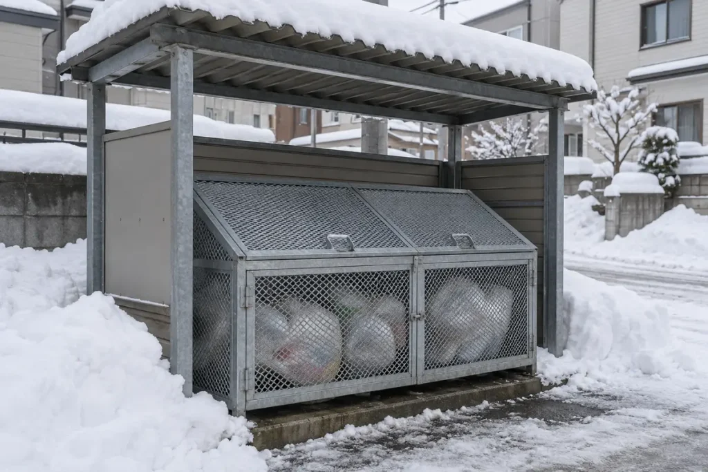 雪の積もった札幌の住宅地で、ふたを閉めた金網のごみステーション
