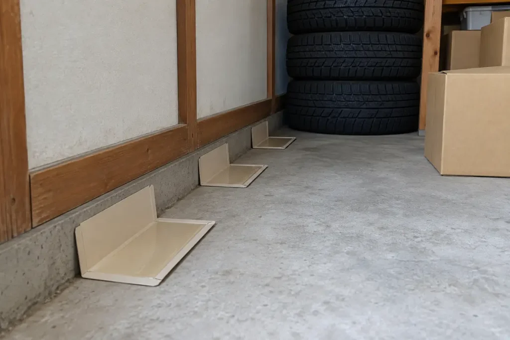 冬用タイヤや箱を置いた物置の壁ぎわに並べた粘着シート