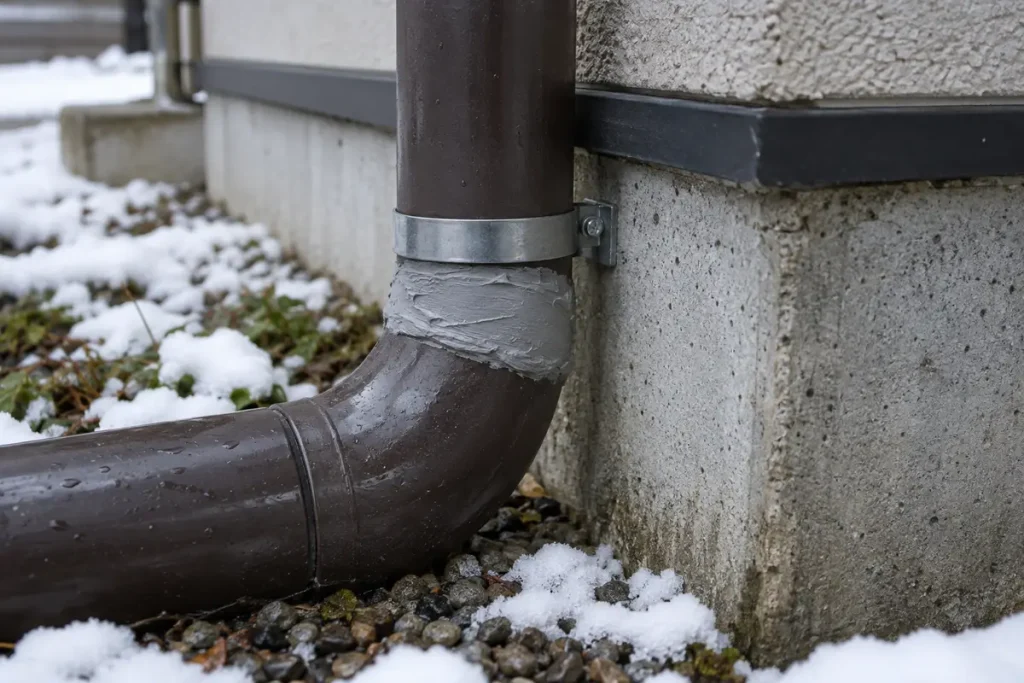 雪がうっすら積もった住宅の基礎で、排水管の継ぎ目をパテと金属バンドでふさいだ様子