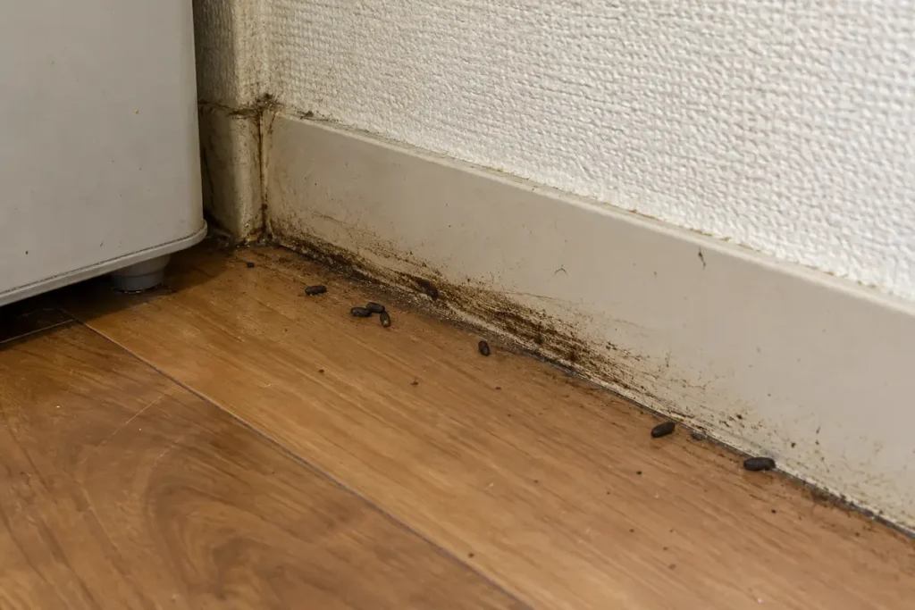 台所の壁ぎわに残ったネズミの糞と黒いこすり跡