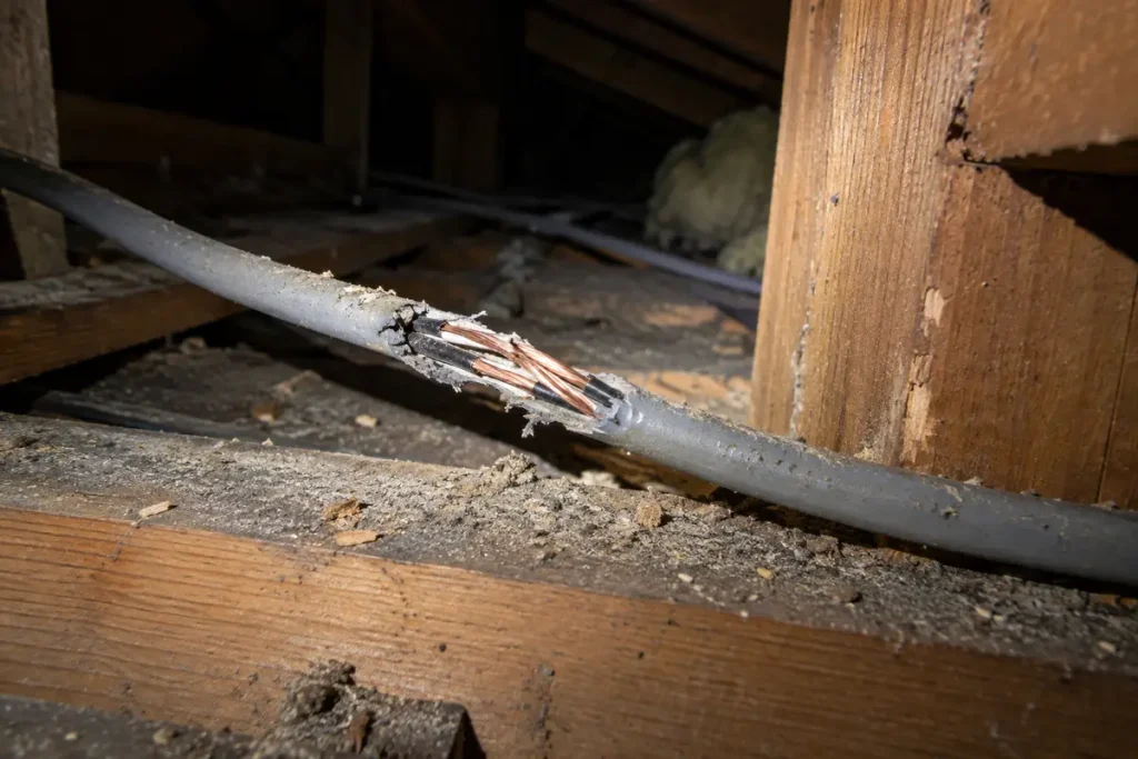 ネズミにかじられて銅線がむき出しになった天井裏の電気配線