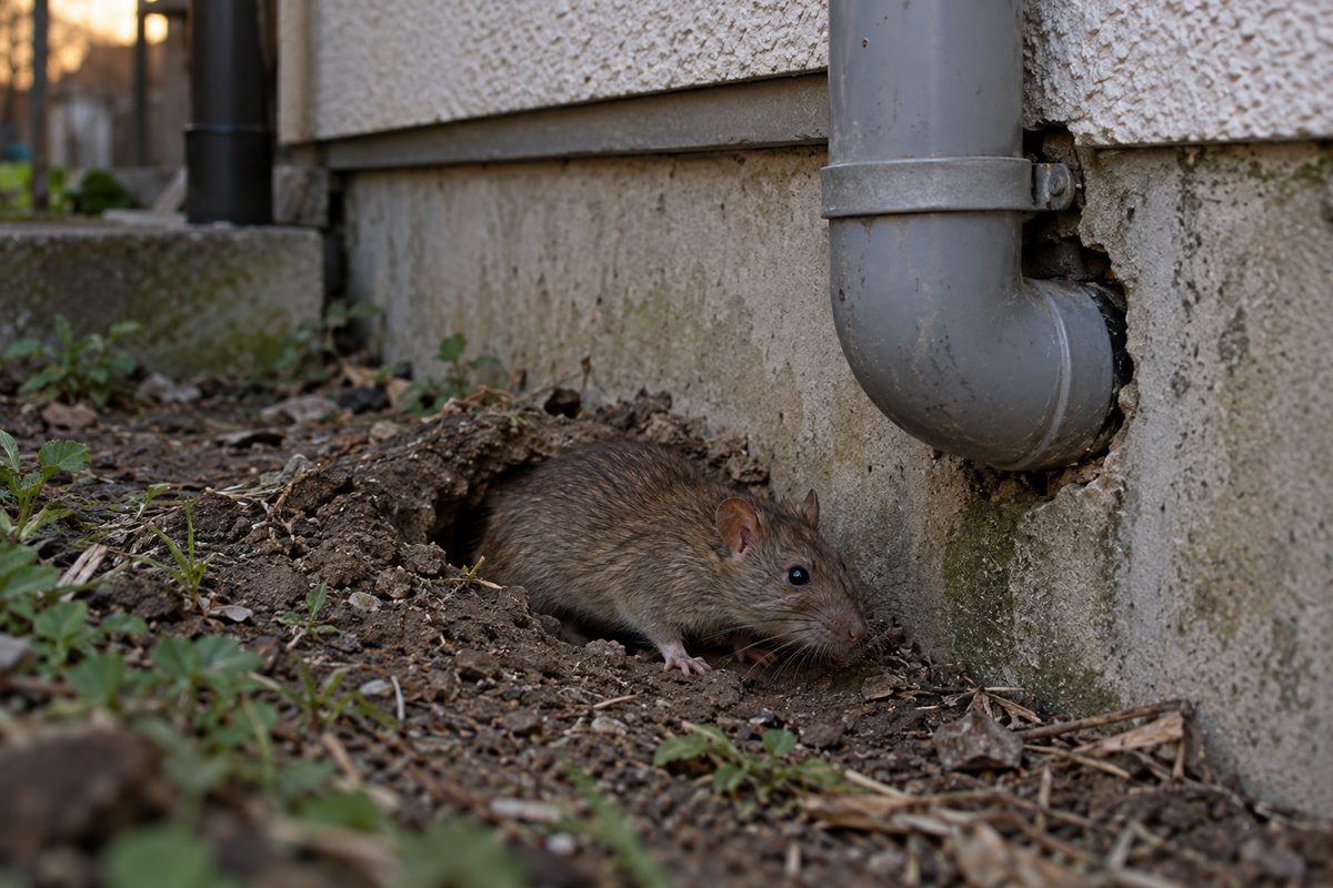 家の基礎わきの巣穴から出てくるドブネズミ