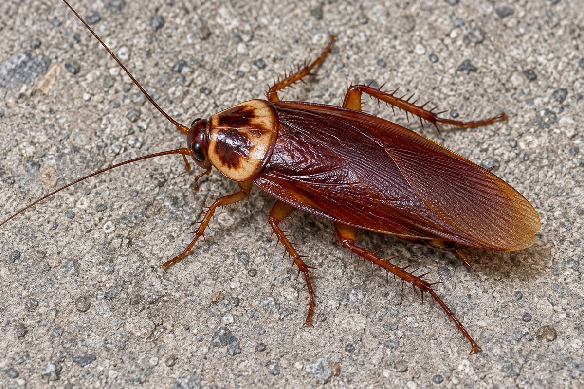ワモンゴキブリの成虫。胸の縁の黄白色の輪の模様が目印
